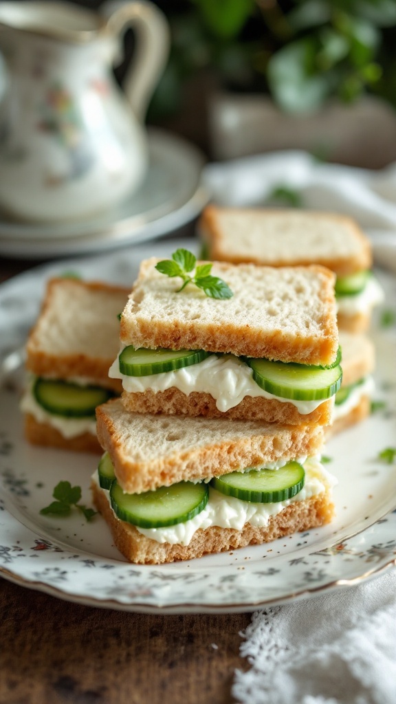 A plate of cucumber sandwiches with cream cheese, garnished with herbs.