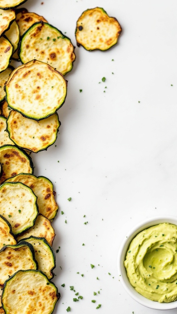 A plate of crispy zucchini chips beside a small bowl of creamy avocado dip.