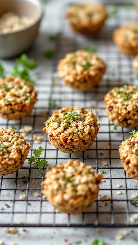 Savory oatmeal bites displayed on a cooling rack with herbs