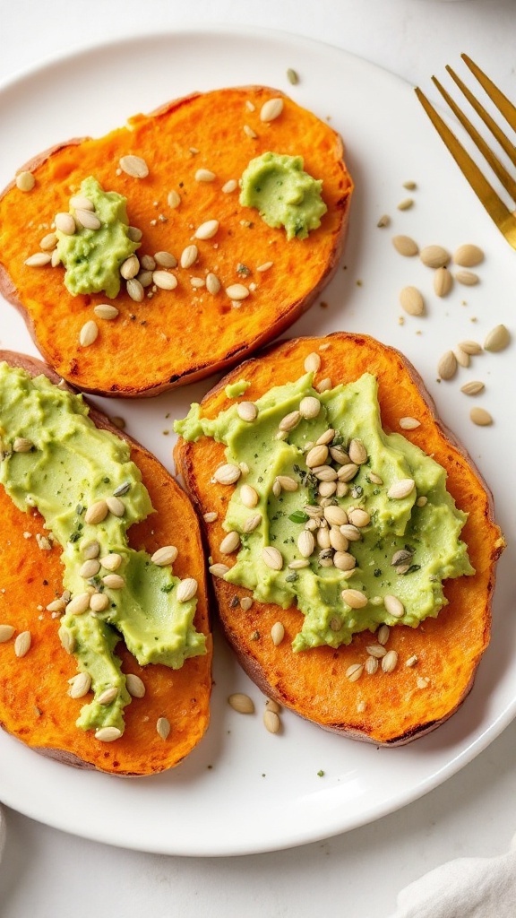 Slices of roasted sweet potato topped with mashed avocado and seeds on a white plate.