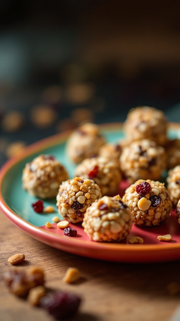 A colorful plate with small fruit and nut energy bites, surrounded by scattered ingredients.