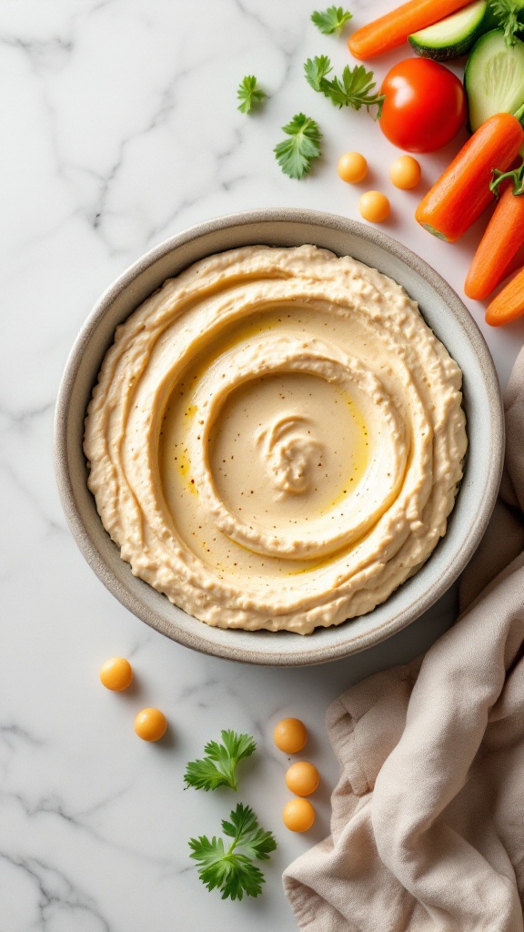 A bowl of chickpea hummus surrounded by colorful veggie sticks including carrots, cucumbers, and cherry tomatoes.