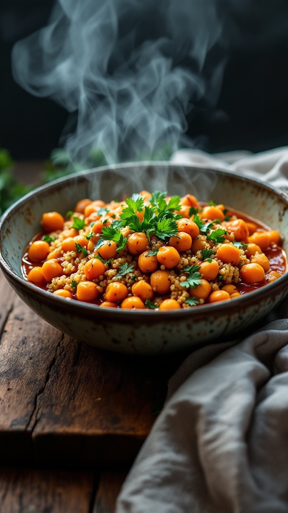 A steaming bowl of spicy chickpea and quinoa stew garnished with parsley.