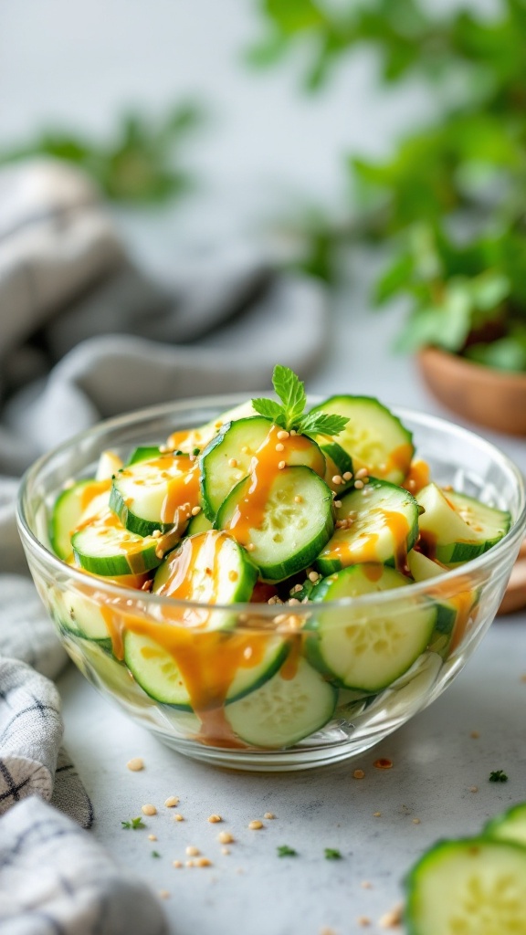 A bowl of Asian cucumber salad drizzled with sesame dressing, garnished with sesame seeds and herbs.