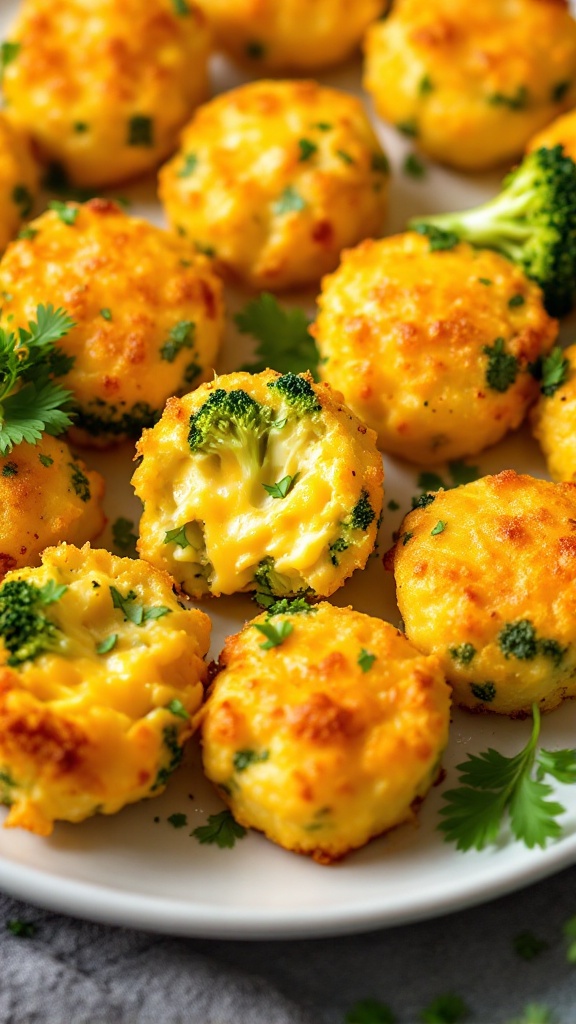 A plate of golden broccoli and cheese bites with fresh herbs