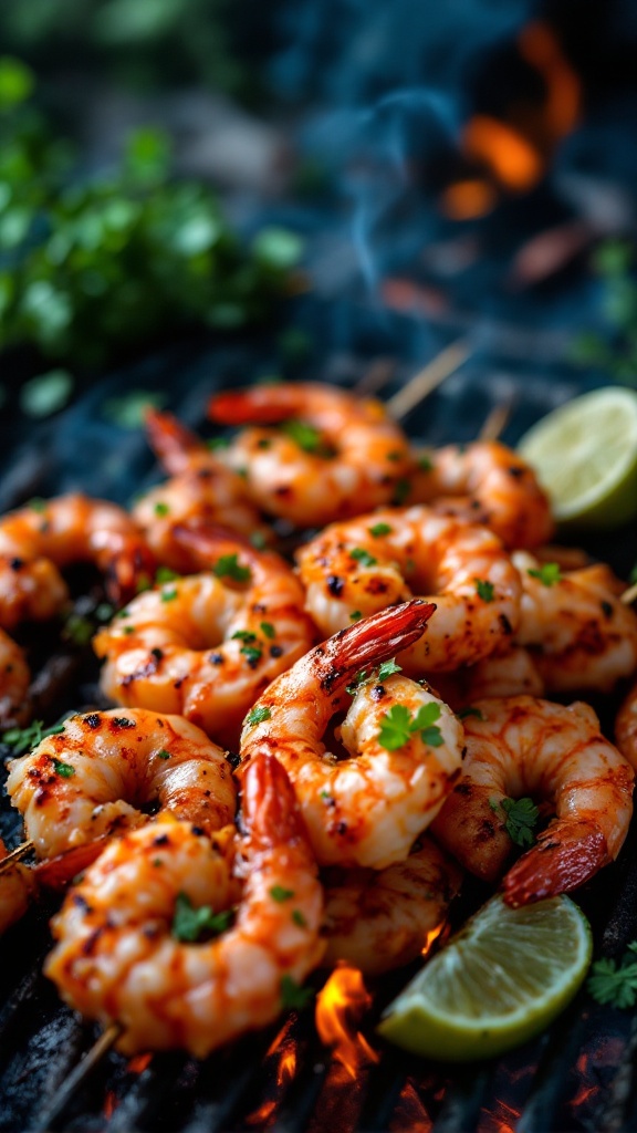 Grilled shrimp skewers with lime on a grill, garnished with herbs