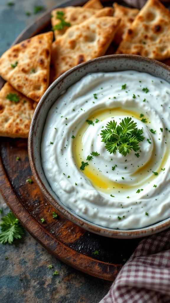 A bowl of tzatziki sauce with pita wedges on a wooden platter