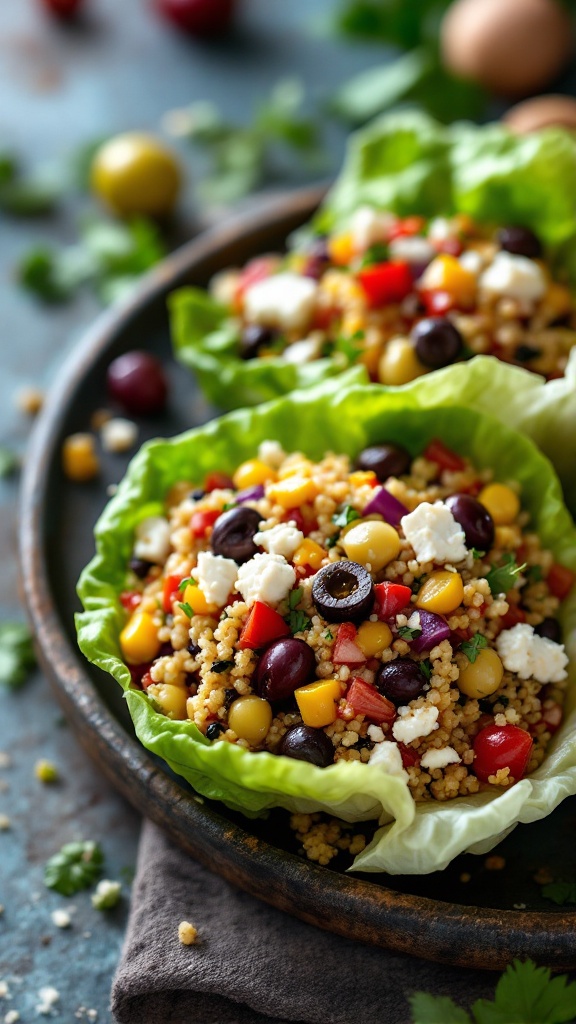 A plate of Mediterranean quinoa salad served in lettuce cups, featuring colorful vegetables and quinoa