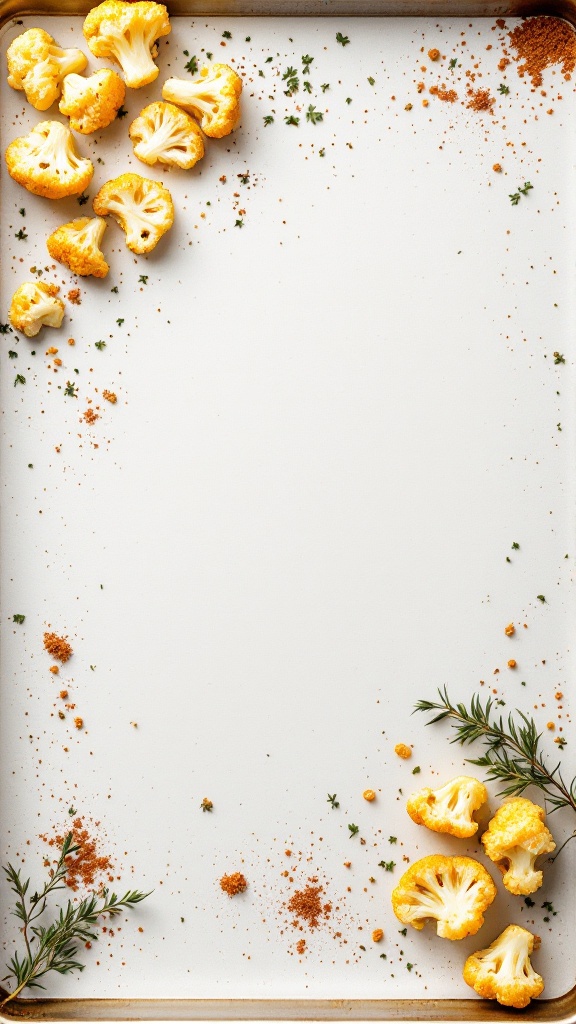 A tray of roasted cauliflower bites sprinkled with seasoning and herbs.