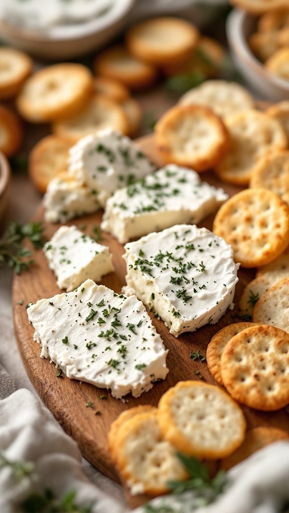 A wooden platter with herbed goat cheese and round crackers.