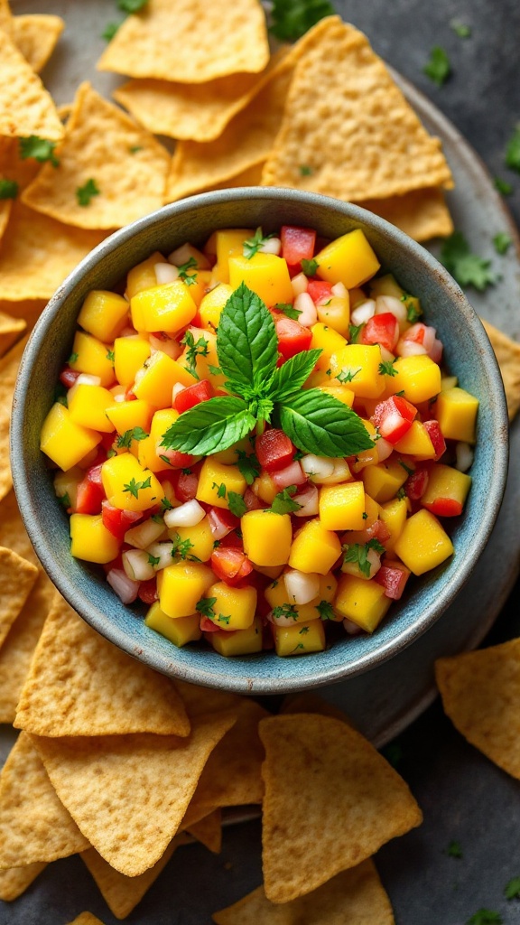 A bowl of colorful mango salsa made with diced mangoes, red peppers, and herbs, surrounded by crispy tortilla chips.