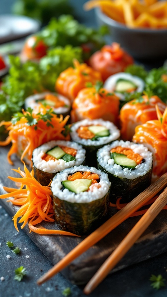 A vibrant display of carrot and cucumber sushi rolls arranged on a slate board, garnished with fresh herbs.