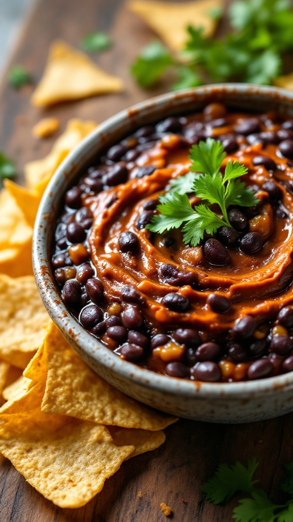 Bowl of spicy black bean dip garnished with cilantro, surrounded by tortilla chips