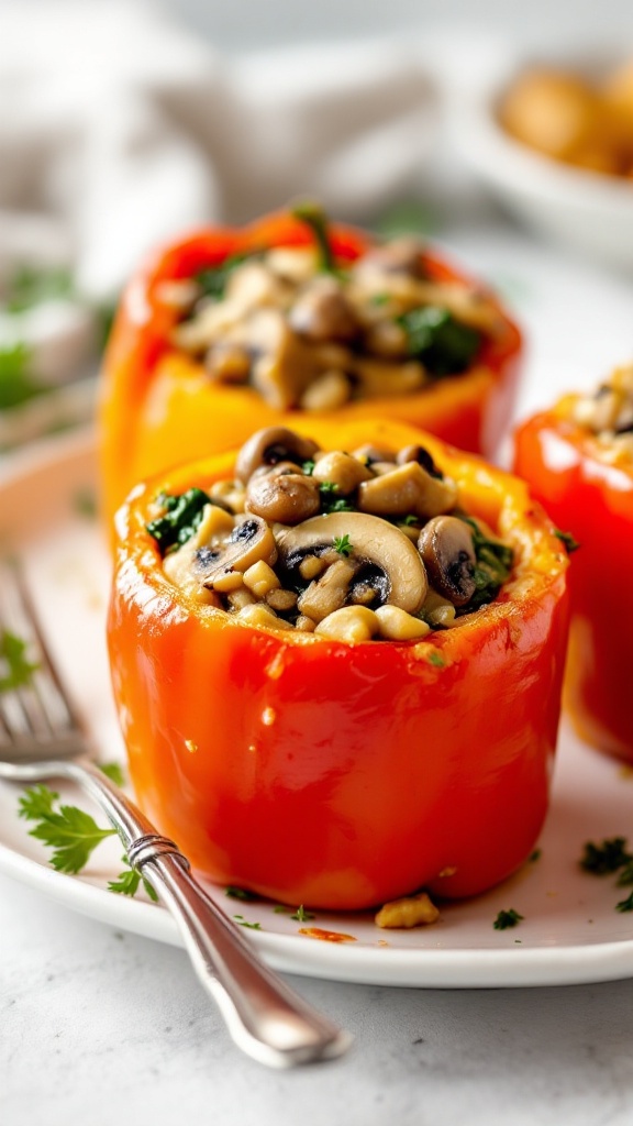 Red bell peppers stuffed with mushrooms and spinach on a plate.