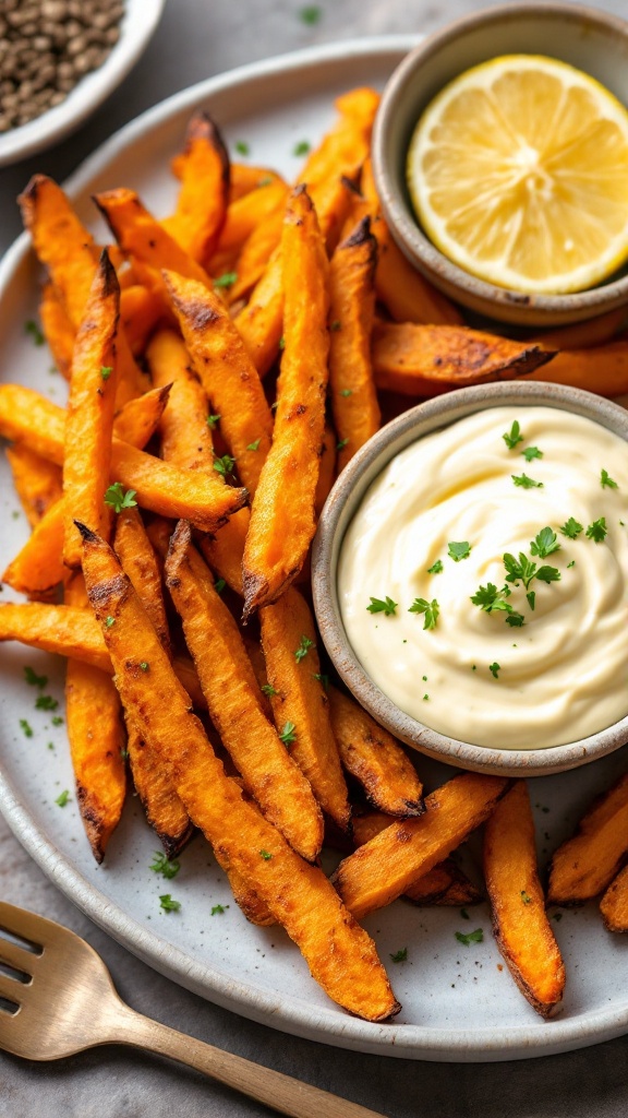 Plate of baked sweet potato fries with a bowl of garlic aioli and a lemon slice