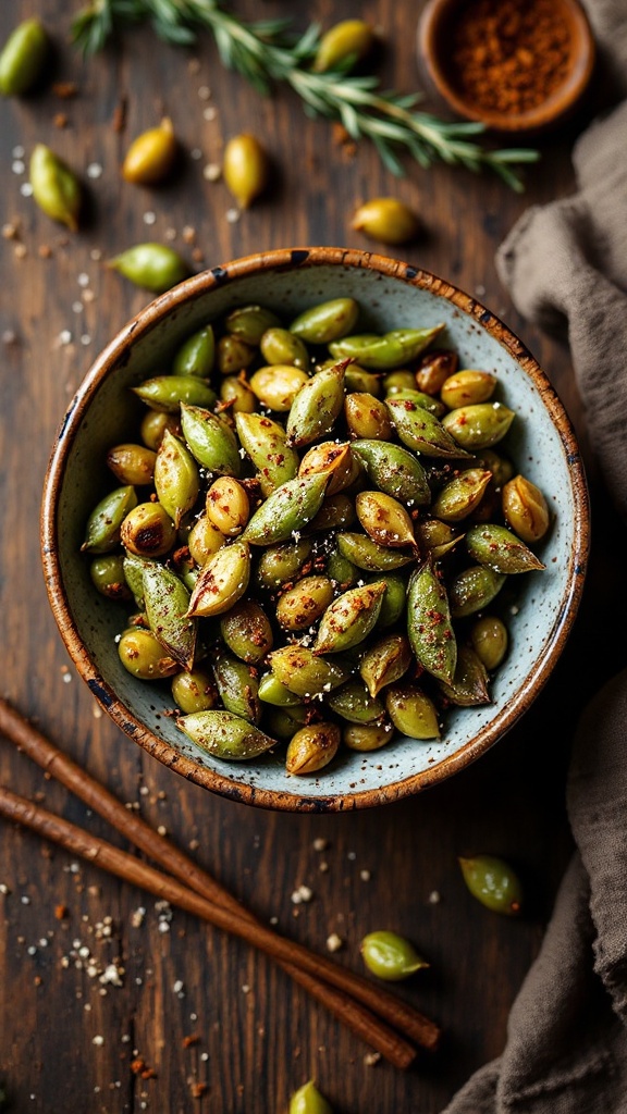 A bowl of spicy roasted edamame with some scattered beans and chopsticks