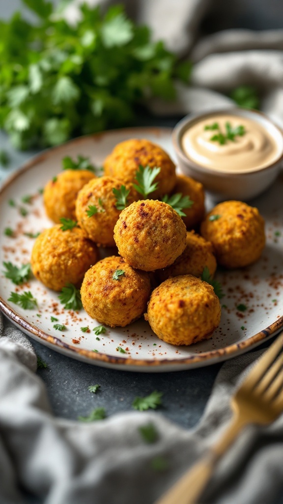 A plate of baked falafel balls with tahini sauce, garnished with cilantro.