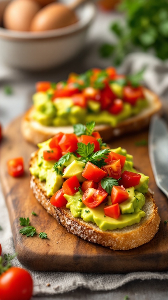 Avocado and tomato bruschetta on a wooden board, garnished with herbs.