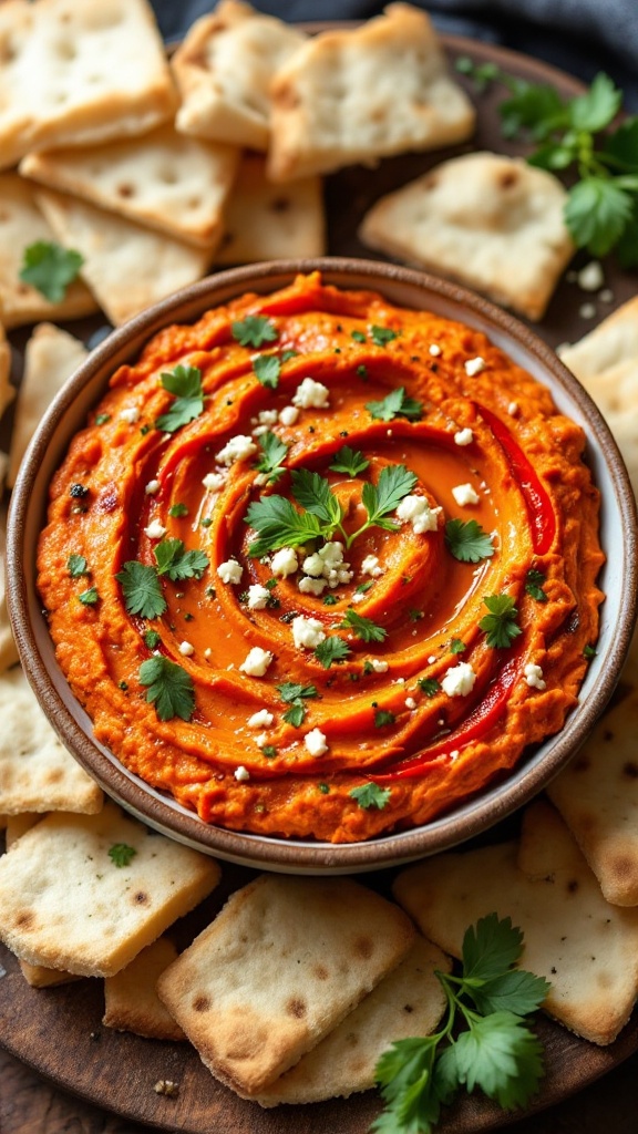 A bowl of roasted red pepper and feta dip surrounded by pita chips and fresh herbs.