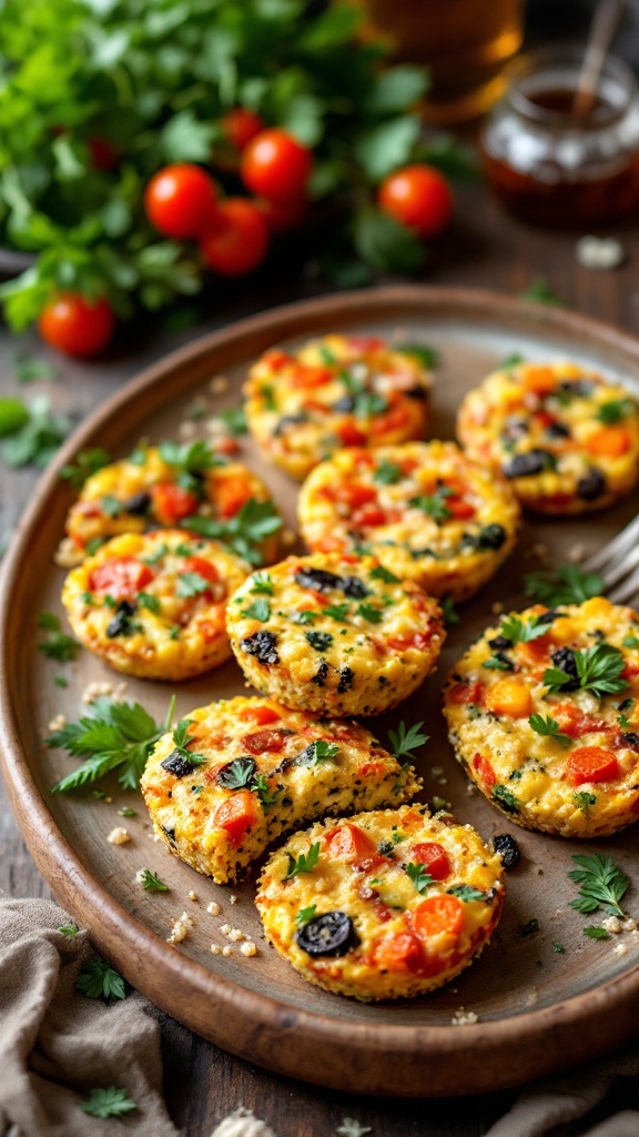 A plate of mini quinoa and veggie frittatas garnished with parsley and surrounded by cherry tomatoes.