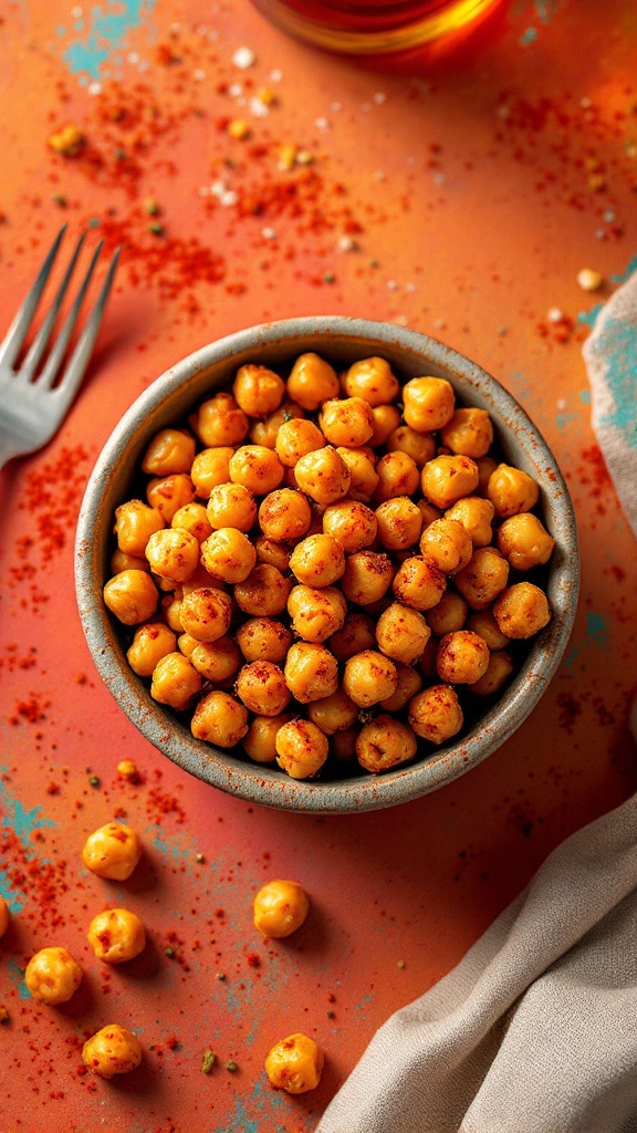 A bowl of roasted chickpeas sprinkled with paprika on an orange background.