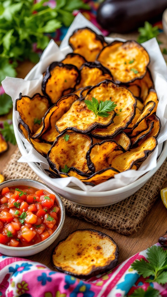 A bowl of crispy eggplant chips accompanied by a small dish of tomato salsa, garnished with fresh herbs.