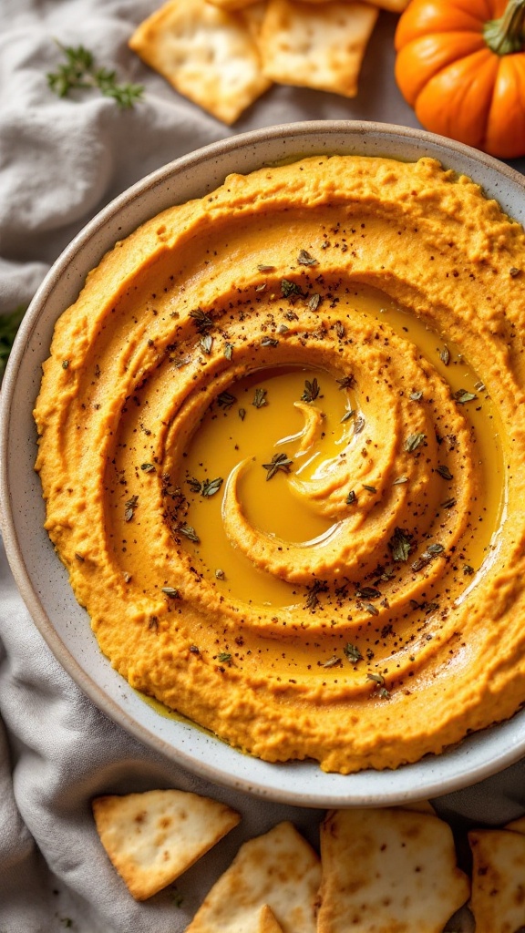 A bowl of creamy pumpkin hummus garnished with herbs and served with crackers and a small pumpkin.