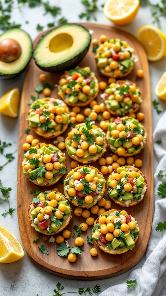 A wooden platter with colorful avocado and chickpea salad bites, garnished with fresh herbs and lemon slices.