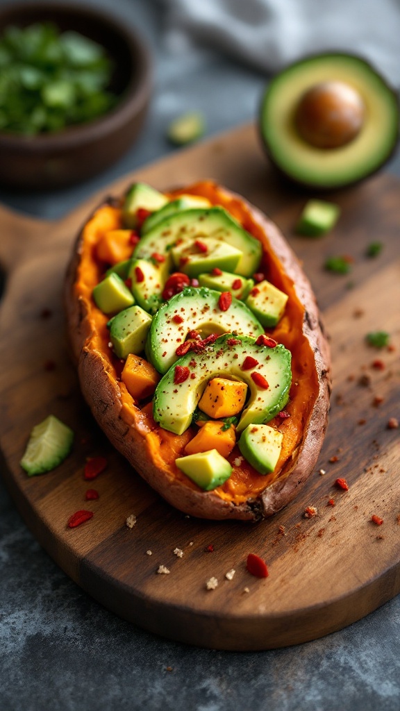 A baked sweet potato filled with avocado, garnished with spices and served on a wooden board.