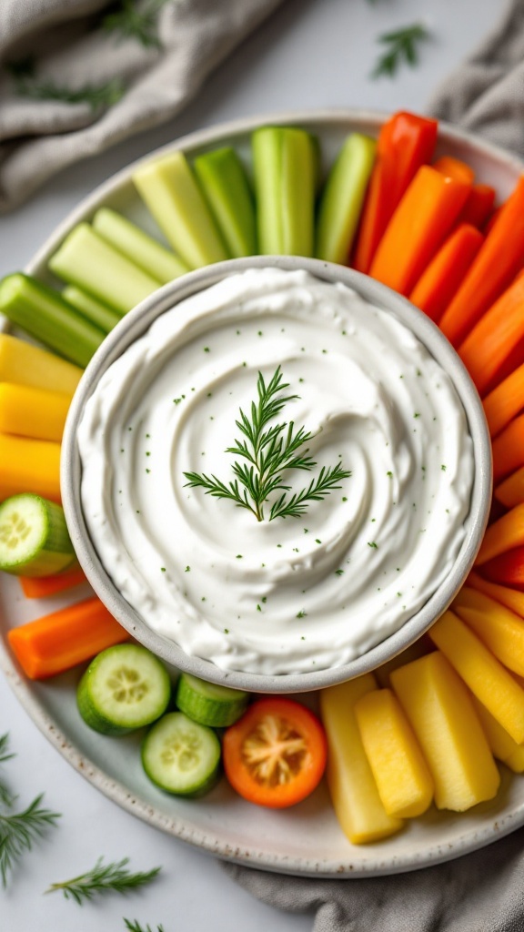 A bowl of creamy Greek yogurt dip with dill surrounded by colorful sliced vegetables.