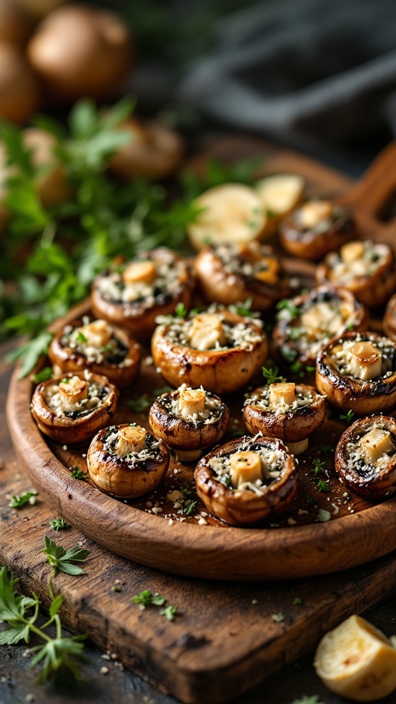 A wooden platter filled with garlic parmesan roasted mushrooms topped with herbs.