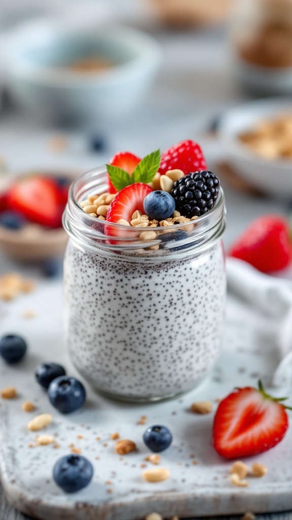 A jar of coconut chia seed pudding topped with berries and nuts.