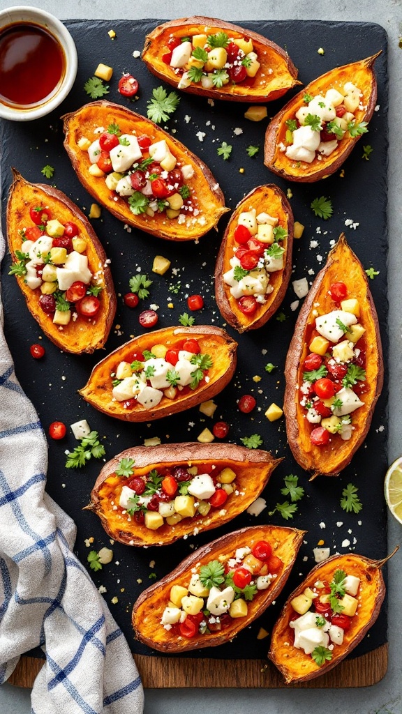 A platter of loaded sweet potato skins topped with vegetables and garnished with cilantro.