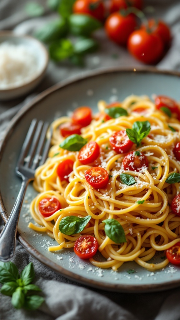 A plate of roasted tomato and basil pasta garnished with fresh basil leaves and cherry tomatoes