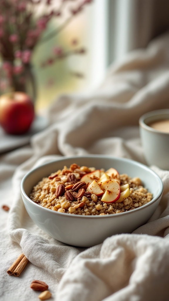 A cozy bowl of quinoa topped with apple slices and nuts, surrounded by a soft cloth and a warm atmosphere.