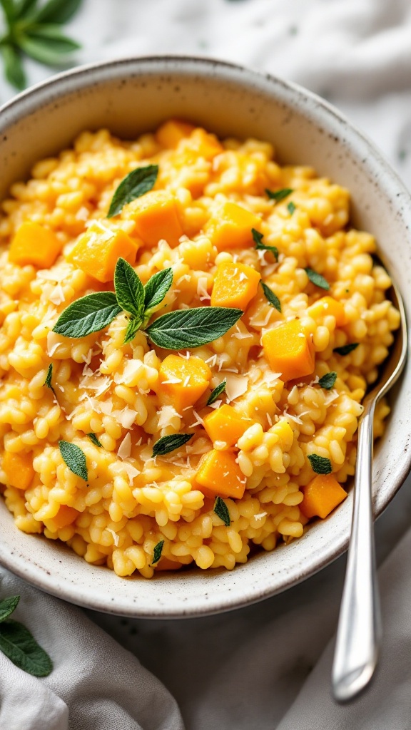 A bowl of creamy butternut squash and sage risotto garnished with fresh sage leaves and cheese.