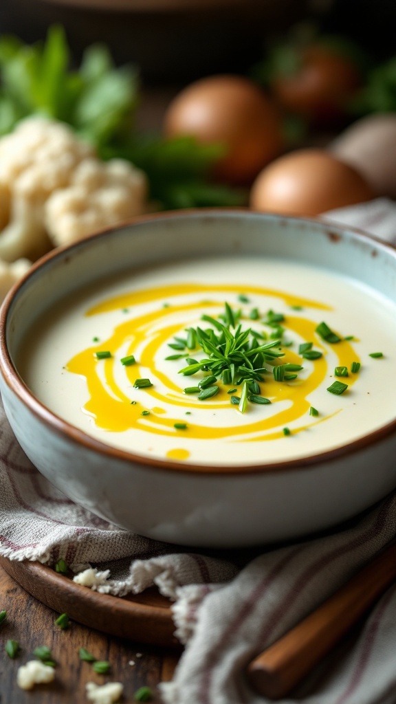 A bowl of creamy cauliflower and leek soup topped with chives and a swirl of olive oil, with fresh ingredients in the background.