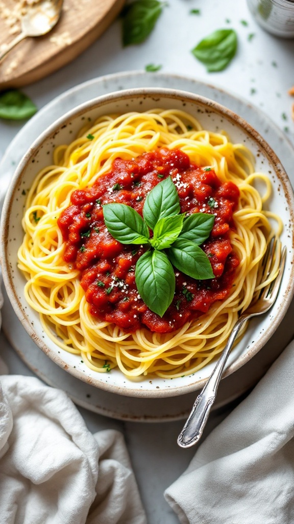 a bowl of spaghetti squash topped with homemade marinara sauce and basil leaves