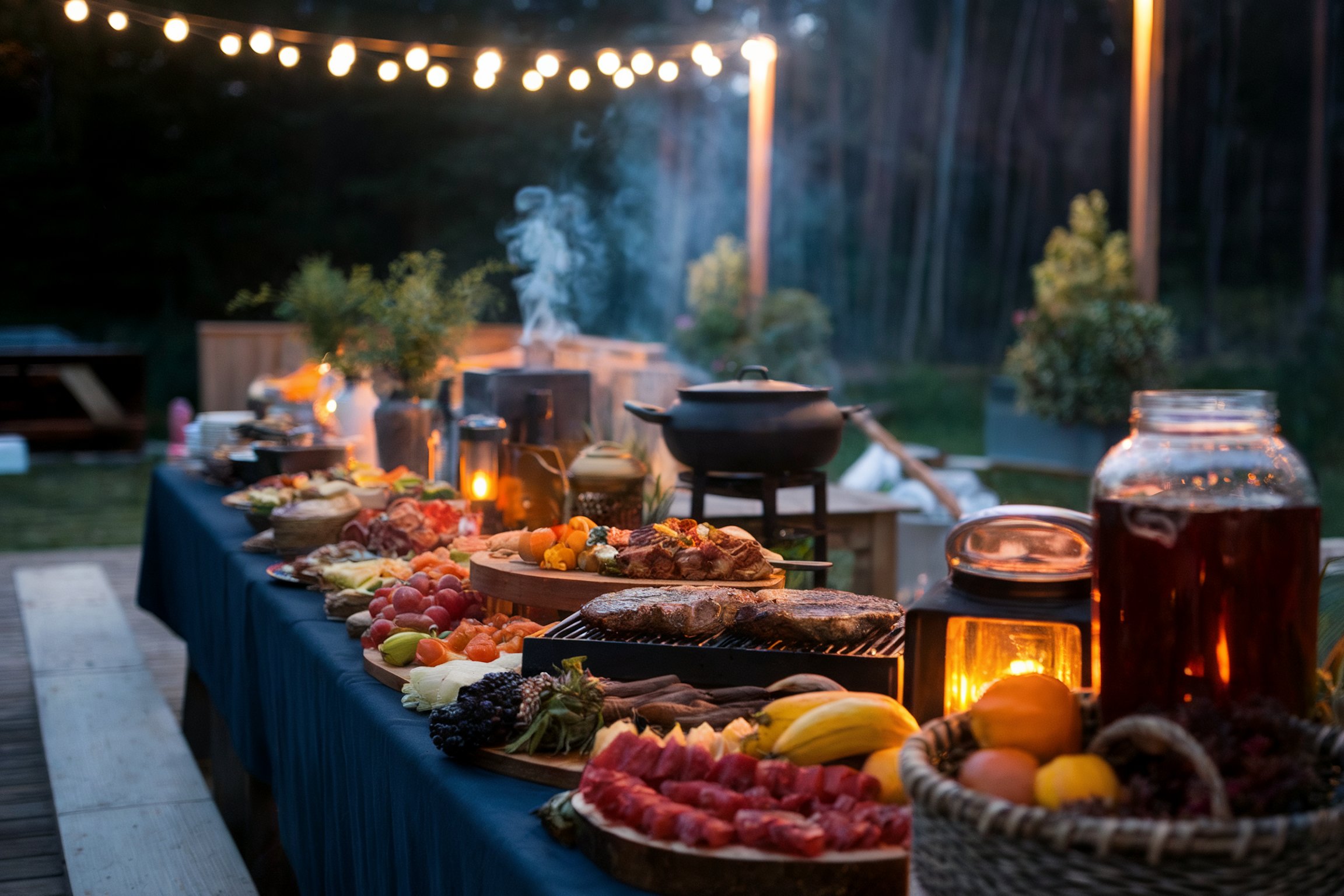 A barbecue scene with lights and a starry night sky.