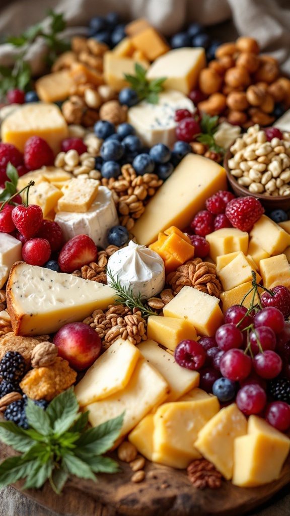 A beautifully arranged artisan cheese board with various cheeses, fruits, nuts, and garnishes.