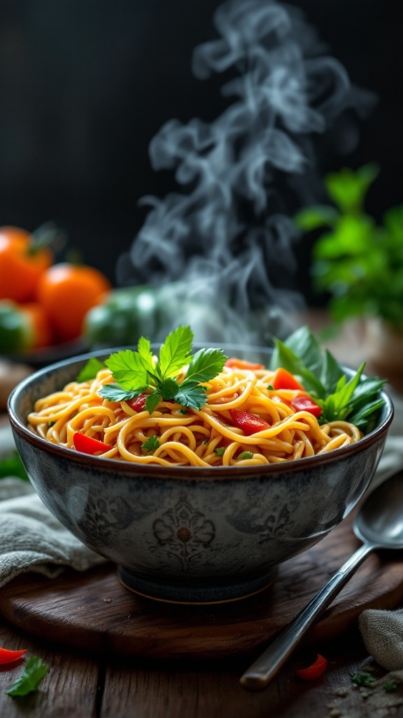 A steaming Asian-inspired noodle bowl with vegetables and herbs.