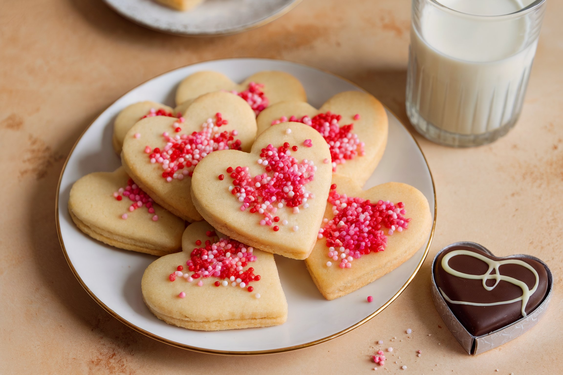 Heart-shaped sugar cookies with sprinkles served with milk