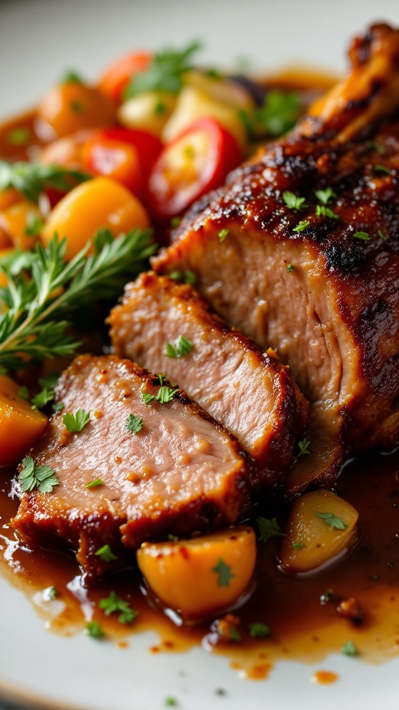 A beautifully plated duck confit with vegetables on a rustic wooden table.