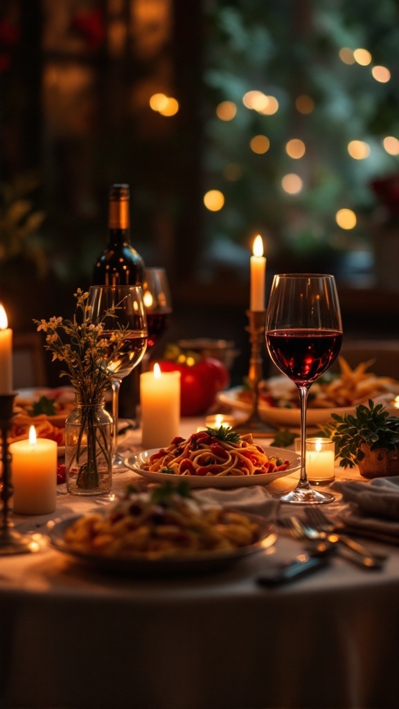 Candlelit table set for an Italian dinner with pasta, wine, and candles.