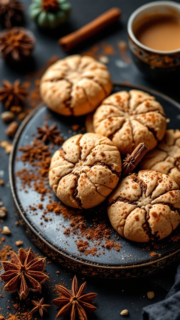 A plate of chai-spiced cookies with spices and a cup of tea nearby.