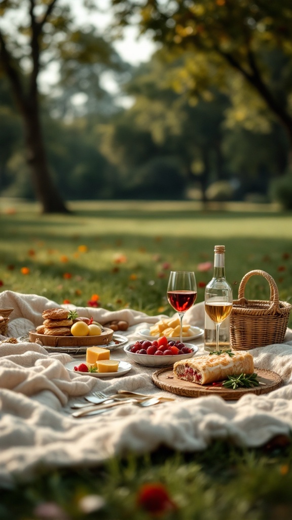 A beautiful picnic setup in a park with food and drinks.