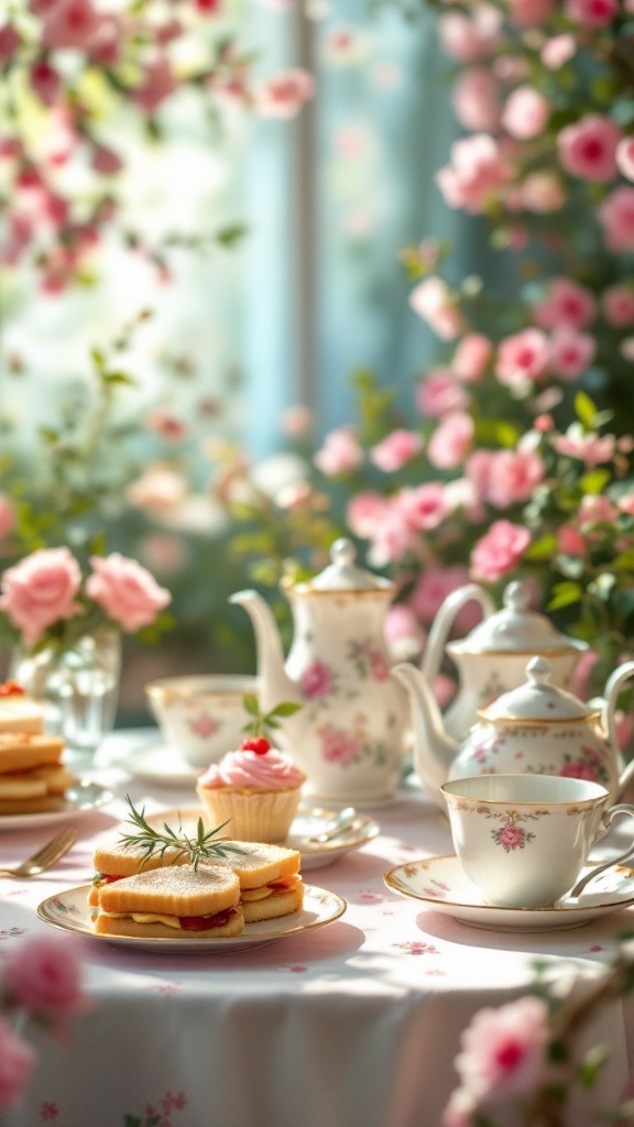 A beautifully arranged tea party setting with floral decorations, teapots, and treats.