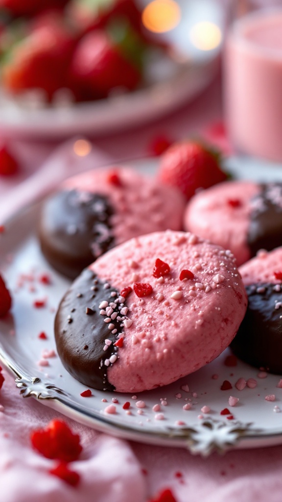 Chocolate-dipped strawberry cookies with fresh strawberries on a table