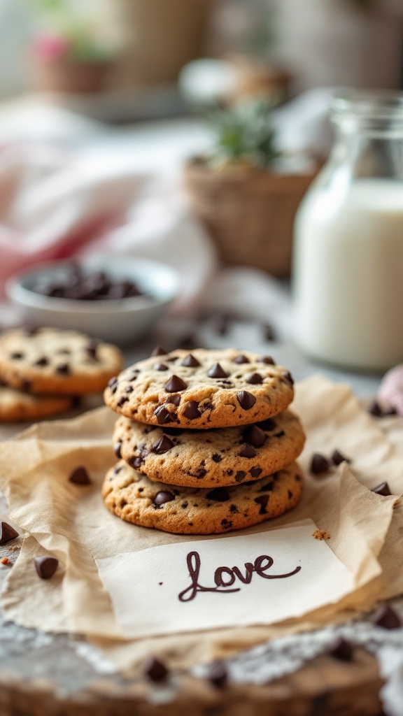 Three chocolate chip cookies on a parchment paper with the word 'Love' written on it, set in a cozy environment