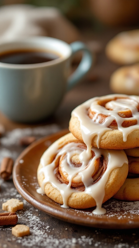 A plate of cinnamon roll cookies drizzled with icing next to a cup of coffee.